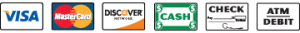 We Accept Visa, Mastercard, Discover, Cash, Check and Debit ATM